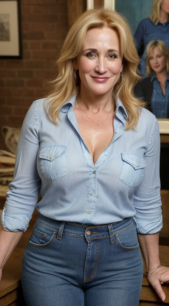 blonde woman with blue eyes and a blue flannel shirt with a white shirt underneath and jeans smiling, this person does not exist, 40 years old, slightly chubby, busty, pear shaped body, bottom heavy, thick, mary masterson-bonnie bedelia-jane lynch-molly ringwald-melissa mcbride-holly hunter-princess diana-caroline aaron-megan mullally-katey sagal-sonja morgan-paula marshall merged,
