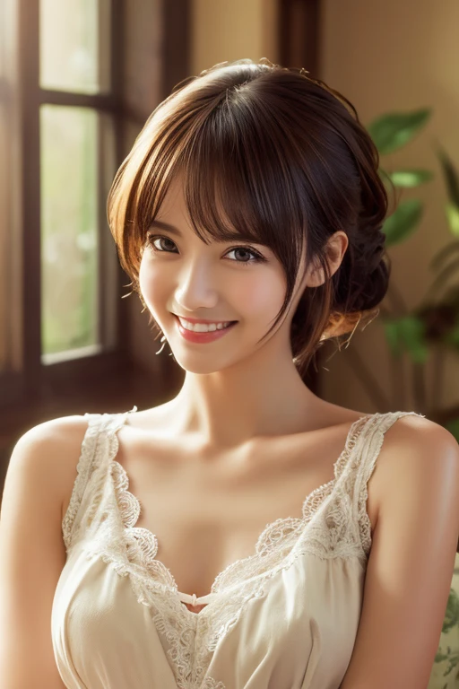 masutepiece, Best Quality, Illustration, Ultra-detailed, finely detail, hight resolution, 8K Wallpaper, Perfect dynamic composition, Beautiful detailed eyes, doress,Medium Hair, mid-chest, Natural Color Lip, Random and sexy poses,Smile,inside in room