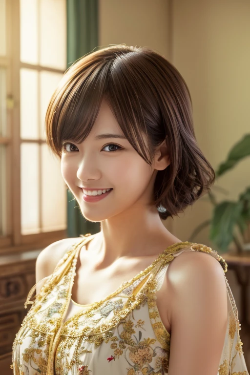 masutepiece, Best Quality, Illustration, Ultra-detailed, finely detail, hight resolution, 8K Wallpaper, Perfect dynamic composition, Beautiful detailed eyes, doress,Medium Hair, mid-chest, Natural Color Lip, Random and sexy poses,Smile,inside in room