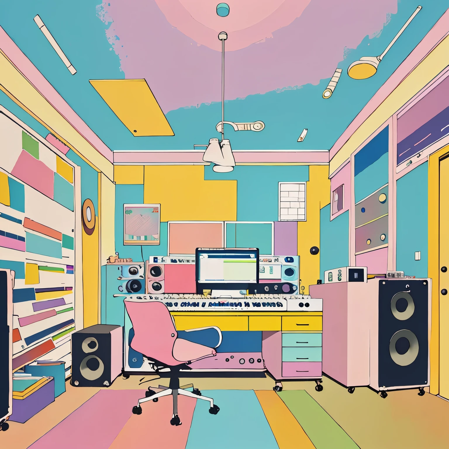 music production room,pastel colours,maximalism