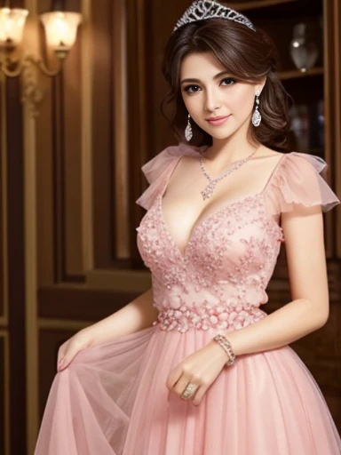 Lebanese lady, diamond dangling earrings, necklace, bracelets, small breasts, floral embroidery pink Dress, happy, hot, blush, side swept hair style, cleavages, radiant skin, 40 years old, innocent face, smokey eyes, short tulle frilly skirt, birthday, tiara