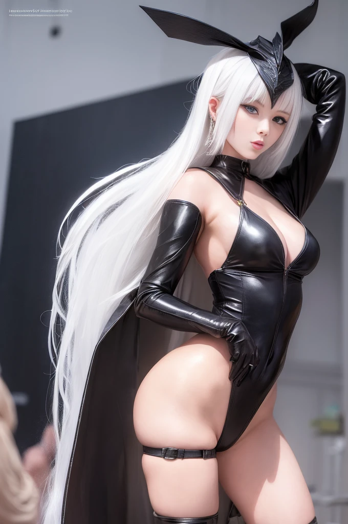 fotorealistisch, high resolution, 1Fraul, nur, hips up high, Viewer ansehen, (detailliertes Gesicht), White hair, Lange Haare, Gantz, Reika\(body suit\), Schwarzer Anzug、Japanese Beauty、Echte Frauen、Size, slender beauty