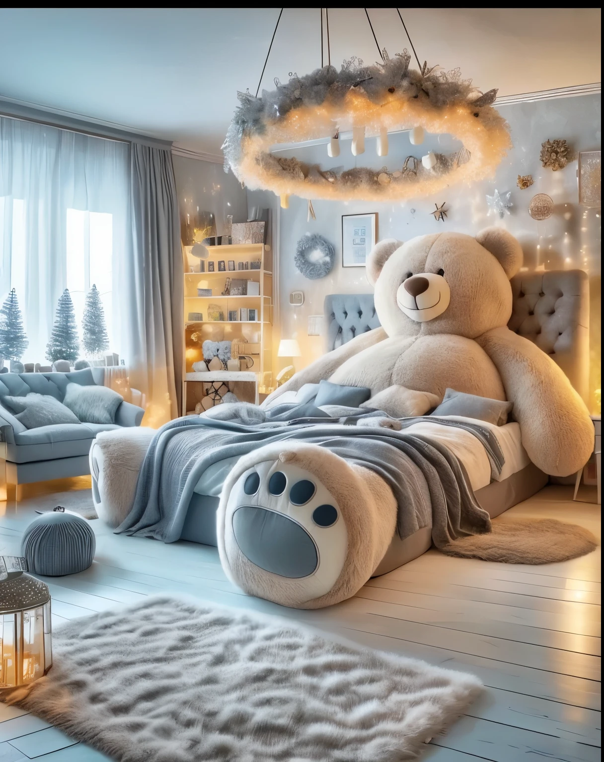 Fed teddy bear sitting on bed in room,There is a Christmas wreath in the room, Lying teddy bear, cozy bed, large comfy bed, designed for Comfortable aesthetics!, cozy room, cozy and calm, Bedrooms, 儿童Bedrooms, comfortable atmosphere, 在儿童Bedrooms内, plush furniture, cozy environment, Comfortable aesthetic, cozy place, tomas kinkade. cute cozy room