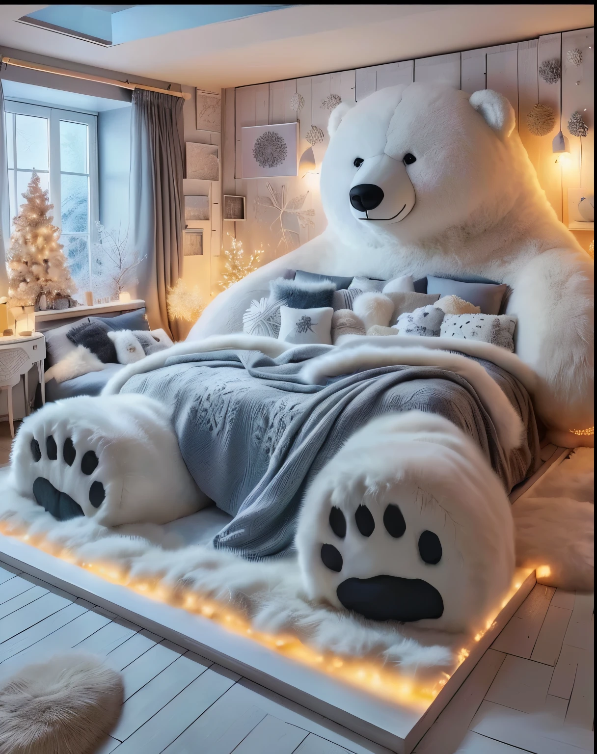 Husband's bed,There's a giant white teddy bear on it, cozy bed, large comfy bed, bear rug, cozy room, designed for Comfortable aesthetics!, comfortable atmosphere, cozy place, Bedrooms, Polar bears, 在Bedrooms过夜时, Lying teddy bear, cozy environment, Comfortable aesthetic, White bed, cozy and calm, bear legs, very cozy