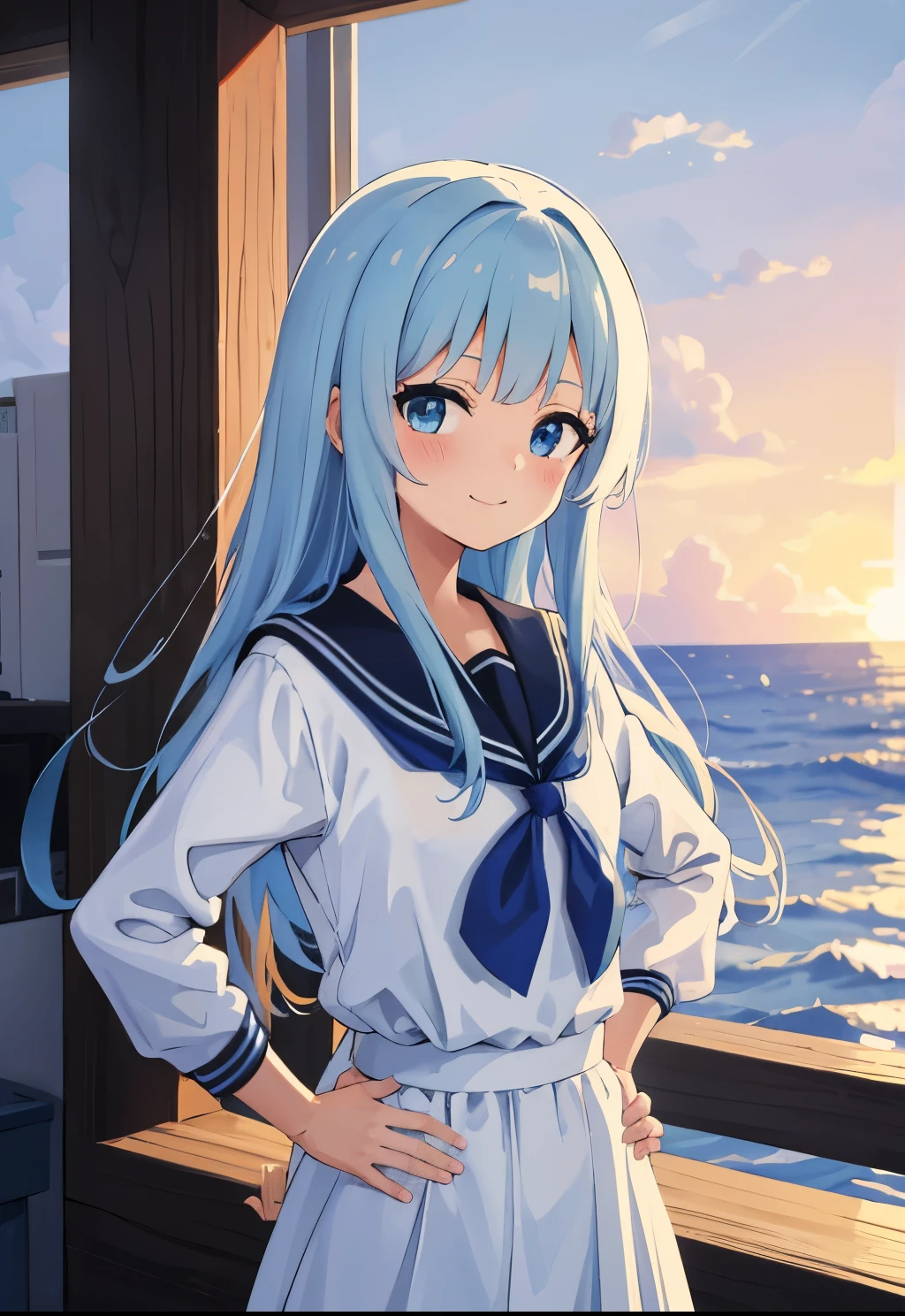 Winters.girl with.light Blue hair.long hair.student clothes.a sailor suit.a junior high school student.short stature.a smile.Look at viewers.put hands on the hip