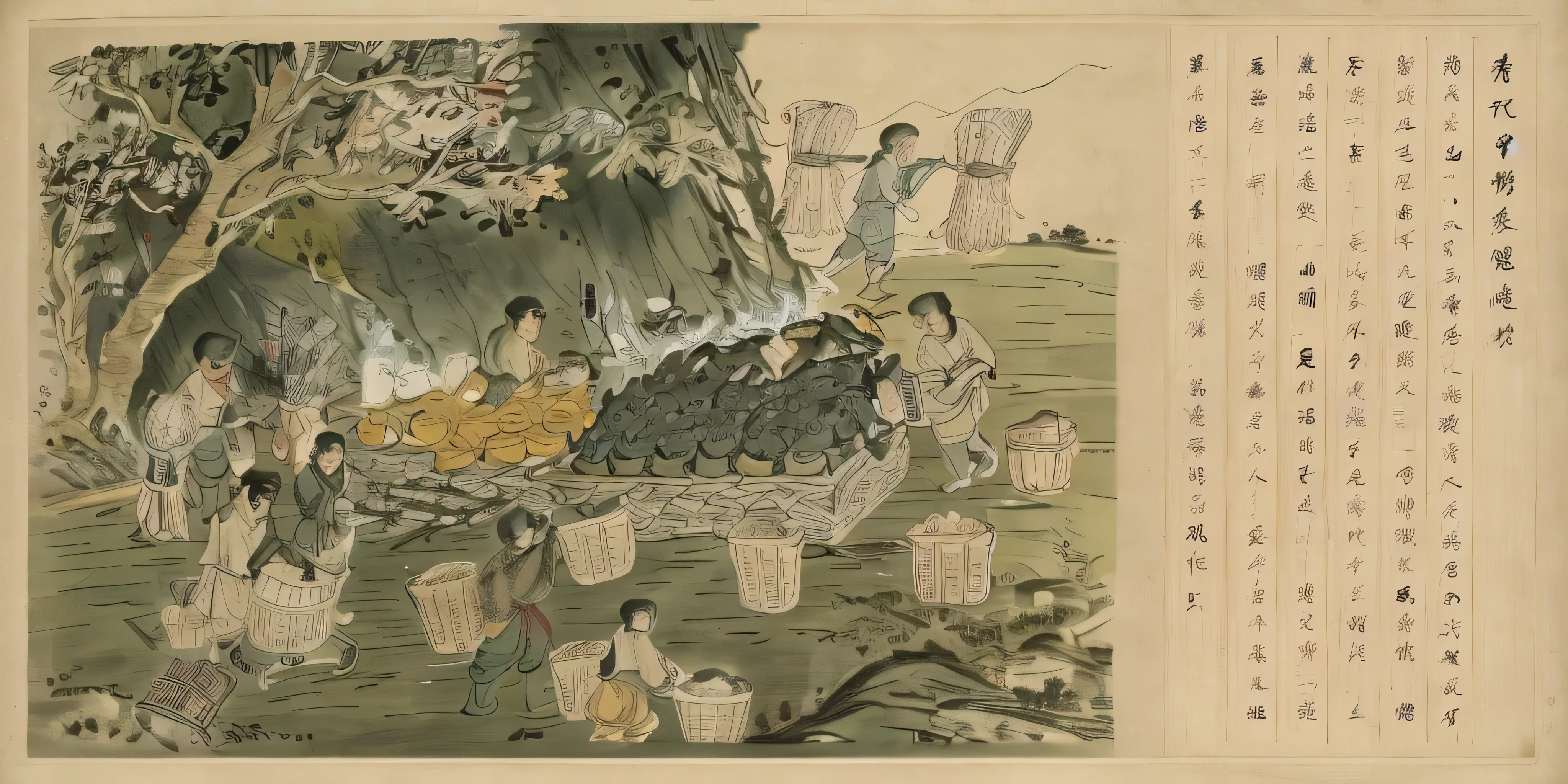 Mid-Qing Dynasty，Mining and refining of sulfur，Someone is carrying a basket full of ore，Someone is lighting a fire