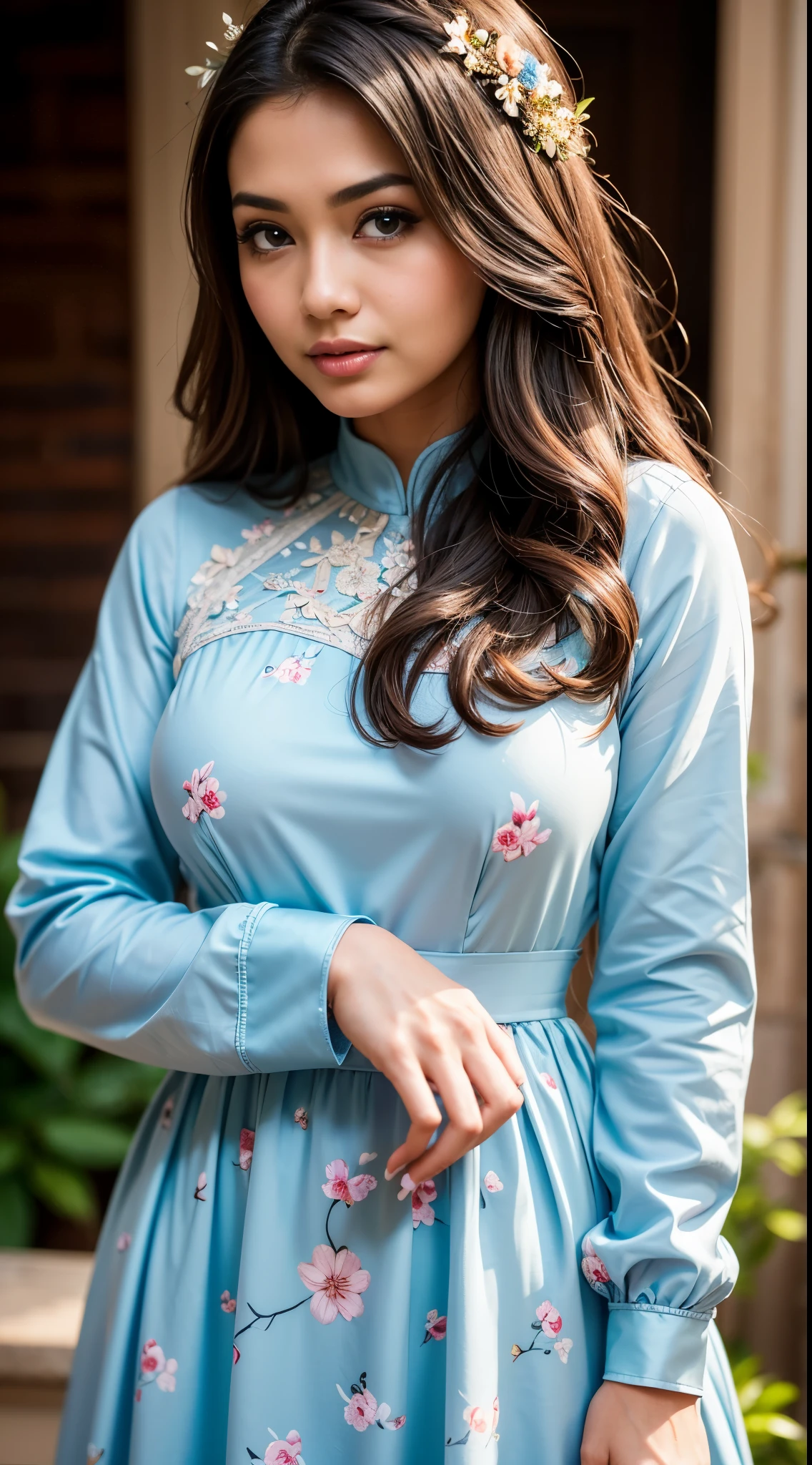 ( Close Up),RAW, Best quality, high resolution, masterpiece: 1.3), beautiful Malay woman in , Masterpiece, perfect body, Big breasts, thick thighs, long hair, brown hair, beautiful big eyes, mole under the eyes, long eyelashes, big eyes, beutifull face, perfect hand, Soft smile, woman in an light blue floral dress (( daster)),( frilled dress:1.1) ,standing on a brick wall, frock, malay women's fashion model, flowery dress, flowing dress, malay dress, wearing a long flowery dress, floral, stylish dress, floral art novuea dress,,long dress female, dark blue and brown leaves for hair, dress, ,Great lighting, Bright colors, Clean lines