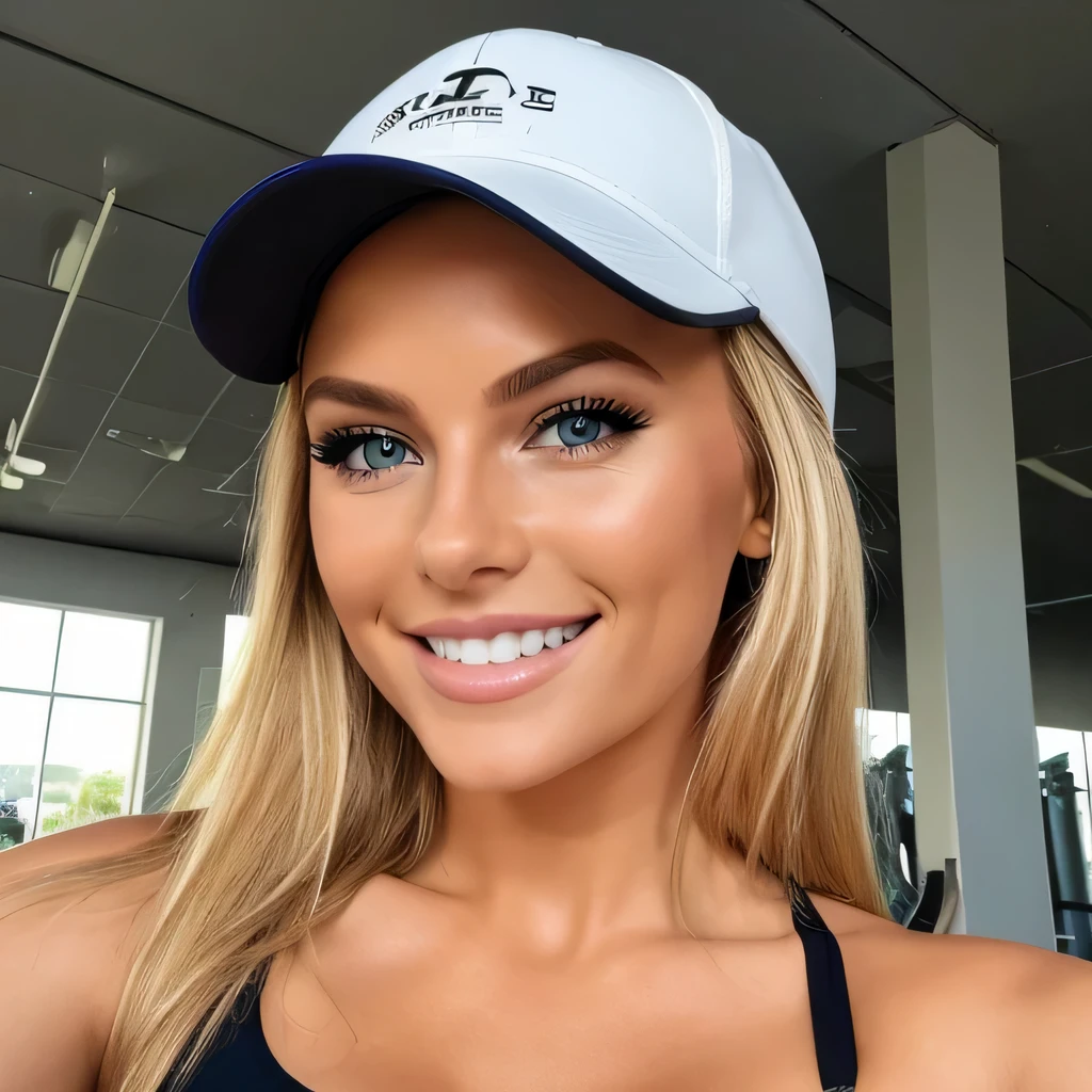 eine mittlere Aufnahme eines blonden Instagram-Models, Eine lockere Passform tragen, Sportkleid, with a seductive look, Smileing, Flirten mit der Kamera, Closeup, Fitnessstudio, Tragen Sie eine Basecap