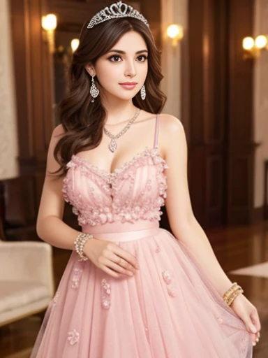 Lebanese lady, diamond dangling earrings, necklace, bracelets, small breasts, floral embroidery pink Dress, happy, hot, blush, side swept hair style, cleavages, radiant skin, 40 years old, innocent face, smokey eyes, short tulle frilly skirt, birthday party, tiara