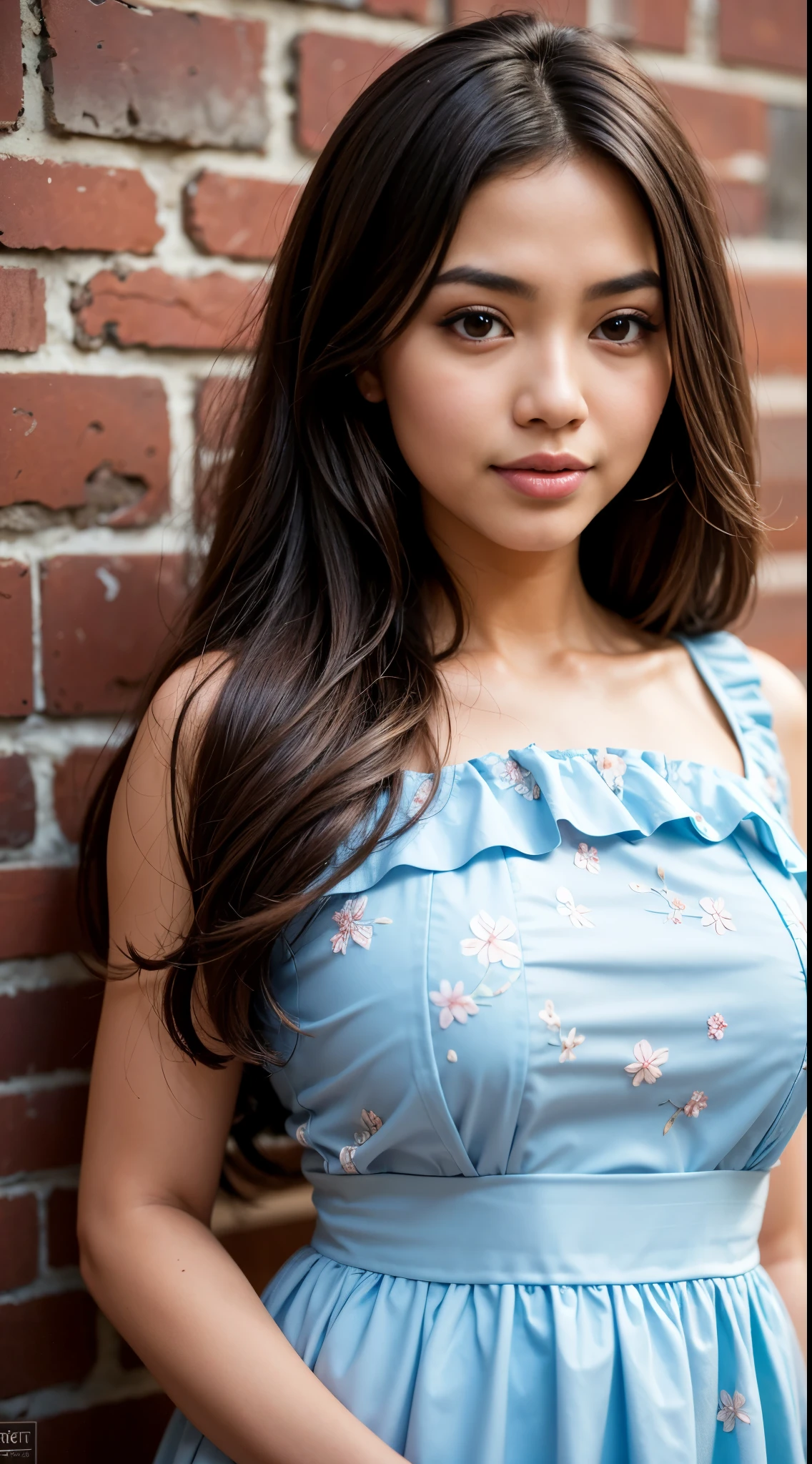 ( Close Up),RAW, Best quality, high resolution, masterpiece: 1.3), beautiful Malay woman in , Masterpiece, perfect body, Big breasts, thick thighs, long hair, brown hair, beautiful big eyes, mole under the eyes, long eyelashes, big eyes, beutifull face, perfect hand, Soft smile, woman in an light blue floral dress (( daster)),( frilled dress:1.1) ,standing on a brick wall, frock, malay women's fashion model, flowery dress, flowing dress, malay dress, wearing a long flowery dress, floral, stylish dress, floral art novuea dress,,long dress female, dark blue and brown leaves for hair, dress, ,Great lighting, Bright colors, Clean lines