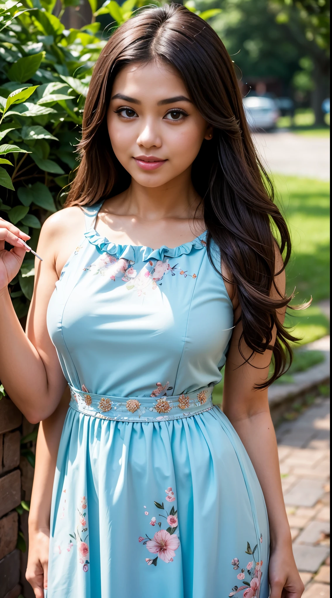 ( Close Up),RAW, Best quality, high resolution, masterpiece: 1.3), beautiful Malay woman in , Masterpiece, perfect body, Big breasts, thick thighs, long hair, brown hair, beautiful big eyes, mole under the eyes, long eyelashes, big eyes, beutifull face, perfect hand, Soft smile, woman in an light blue floral dress (( daster)),( frilled dress:1.1) ,standing on a brick wall, frock, malay women's fashion model, flowery dress, flowing dress, malay dress, wearing a long flowery dress, floral, stylish dress, floral art novuea dress,,long dress female, dark blue and brown leaves for hair, dress, ,Great lighting, Bright colors, Clean lines