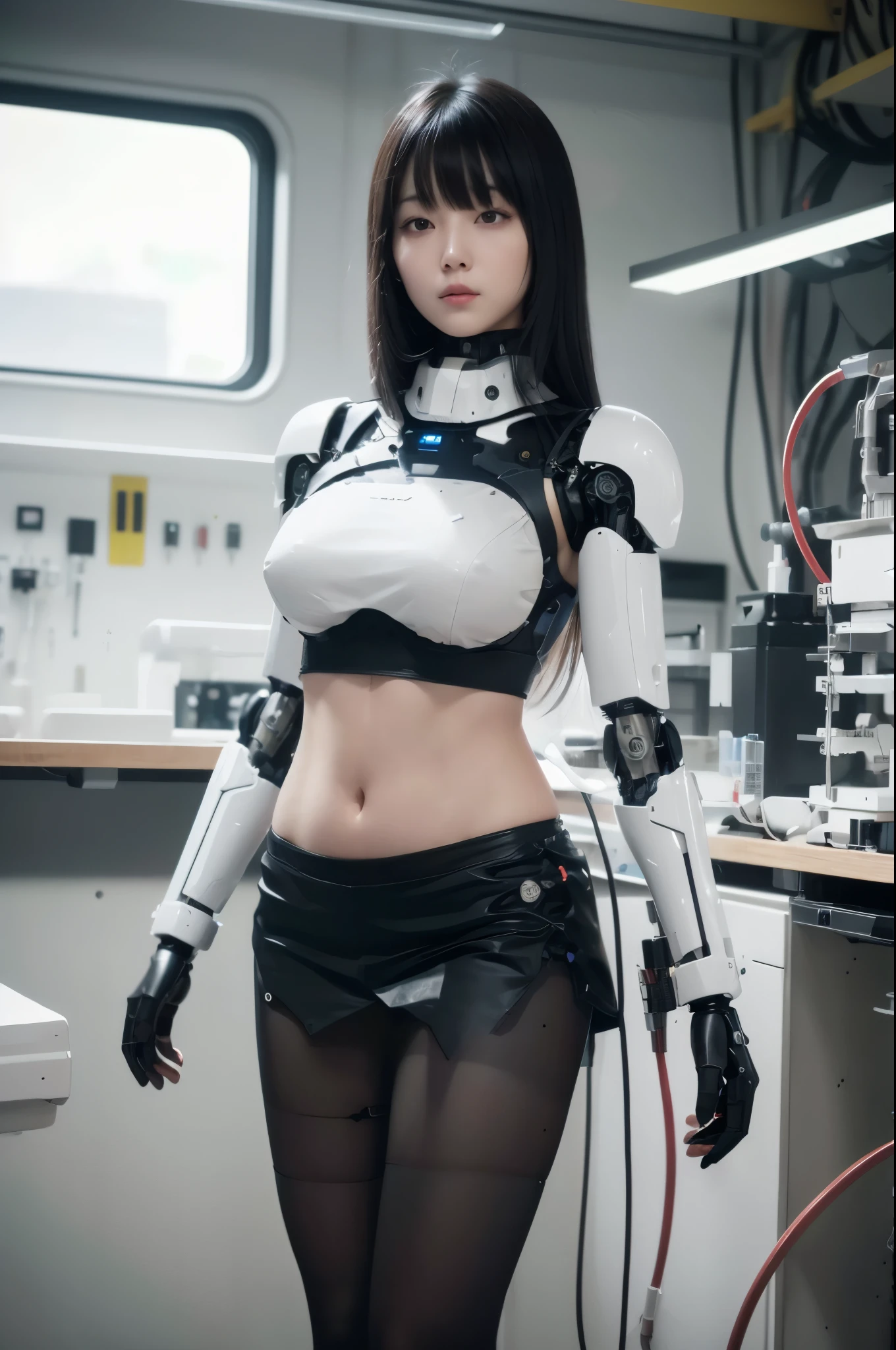 masterpiece, best quality, extremely detailed, (8K, 4K, Best Quality, hight resolution, 超A high resolution:1.1), (masutepiece, Realistic, Photorealsitic:1.1),8k portrait, Japaese android Girl,Plump , dark black leg cover,announcer,control panels,android,Droid,Mechanical Hand, Robot arms and legs, Black Robot Parts,Black hair,Mechanical body,Blunt bangs,perfect mechanical abdomen,White robotics parts,perfect robot woman,future laboratory,cyber pank,charging spot,laboratory,long tube,thick cable connected her neck,white ceramic body ,perfect mechanical body, white robot body,lod antenna,mechanical ear cover,android,robot humanoid,black sponge joints,The removable cover is in the groin,The connection port is in the groin,opened chest panel,access panel on the chest,opened breast panel,perfect mechanical breast,perfect machine body,perfect android body,She has repaired,assembly plant,miniskirt,dark black tights,dark black leggings,