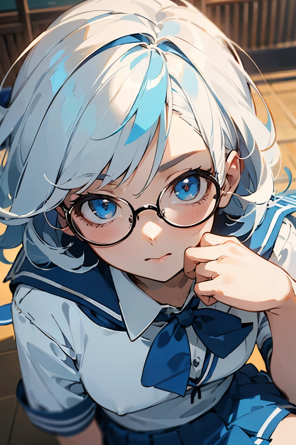 ((best quality)), ((masterpiece)), (detailed), perfect face, Anime girl,white hair, glasses, blue eye, light blue ribbon hair,school uniform, blue tie, blue skirt, on top of the school building