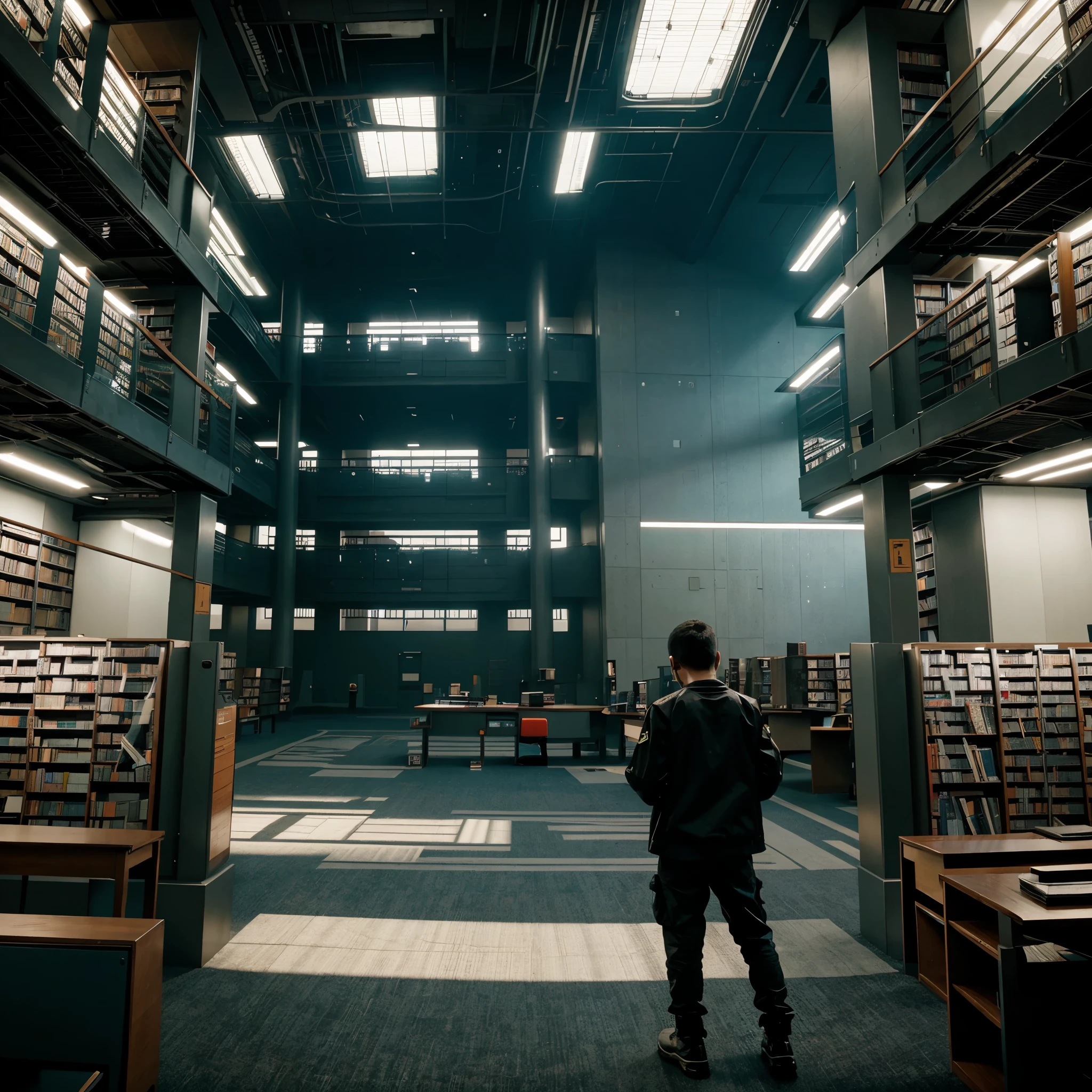 A giant futuristic library with thousands of books. A cyberpunk ??? in the middle of the library looks on in awe
