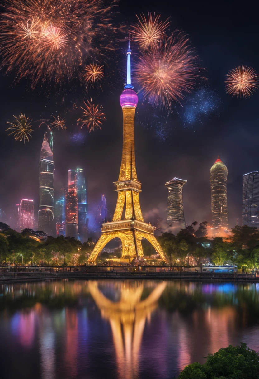 (best quality,4k,8k,highres,masterpiece:1.2),ultra-detailed,(realistic,photorealistic,photo-realistic:1.37),festive atmosphere,beautifully decorated Gardens,glowing lights,towering Guangzhou Tower,sparkling fireworks,joyful people celebrating,amazing city skyline,impressive architecture,reflection on the water,colourful celebration,cheerful crowd,enchanting night scene,lively and dynamic,rich cultural heritage,harmonious fusion of tradition and modernity,global destination,world-class landmark,brilliant display of lights,colossal structure,innovative design,iconic landmark,once-in-a-lifetime celebration,unforgettable moment.