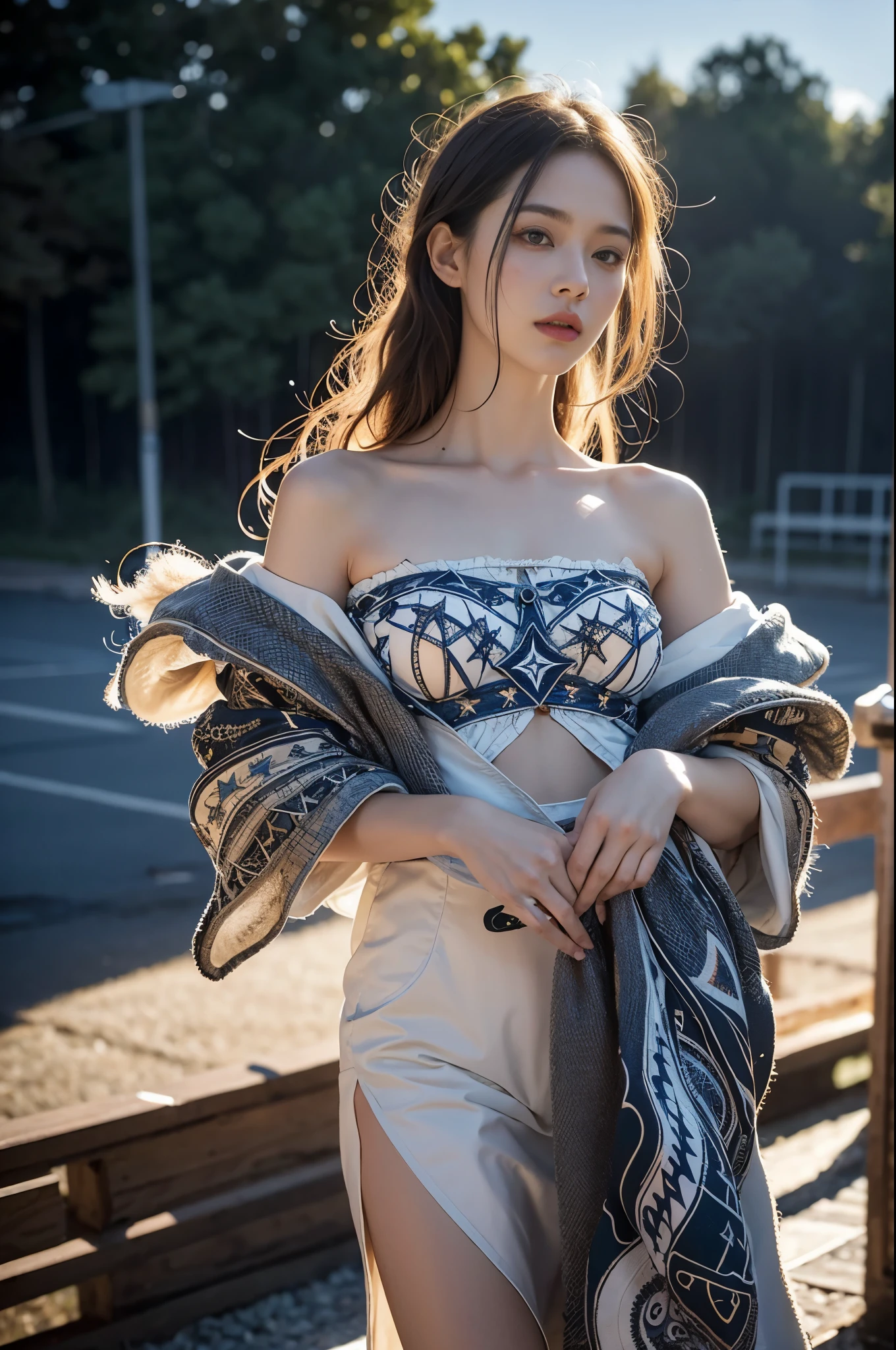 1girl, standing, raise hand, hand in front, blue (sleeveless long coat:1.2), long hair, side swept bangs, black lace leotard, micro pleated skirt, thigh ribbon strap, (strap gap:1.2), arm warmer, arm ribbon, windswept, delicate ring necklace, (gigantic breasts:1.2), detailed face, looking at viewer, blue muffler, flower field, variety of flowers, floating petals, (high quality, masterpiece, realistic:1.3),