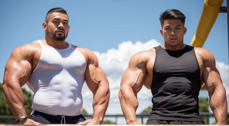 (Very detailed 8k wallpaper), two asian men, muscle worship, arms folded, On the playground, high detailing, buzzcut, very large and strong body, bulging muscles, well-muscled, very large pectoral muscles. Very sexy abs, legs are well-muscledの, Toned figure, lightens oily skin, well-muscledの, Tank top, T-shirt, longshot, Wide Shot