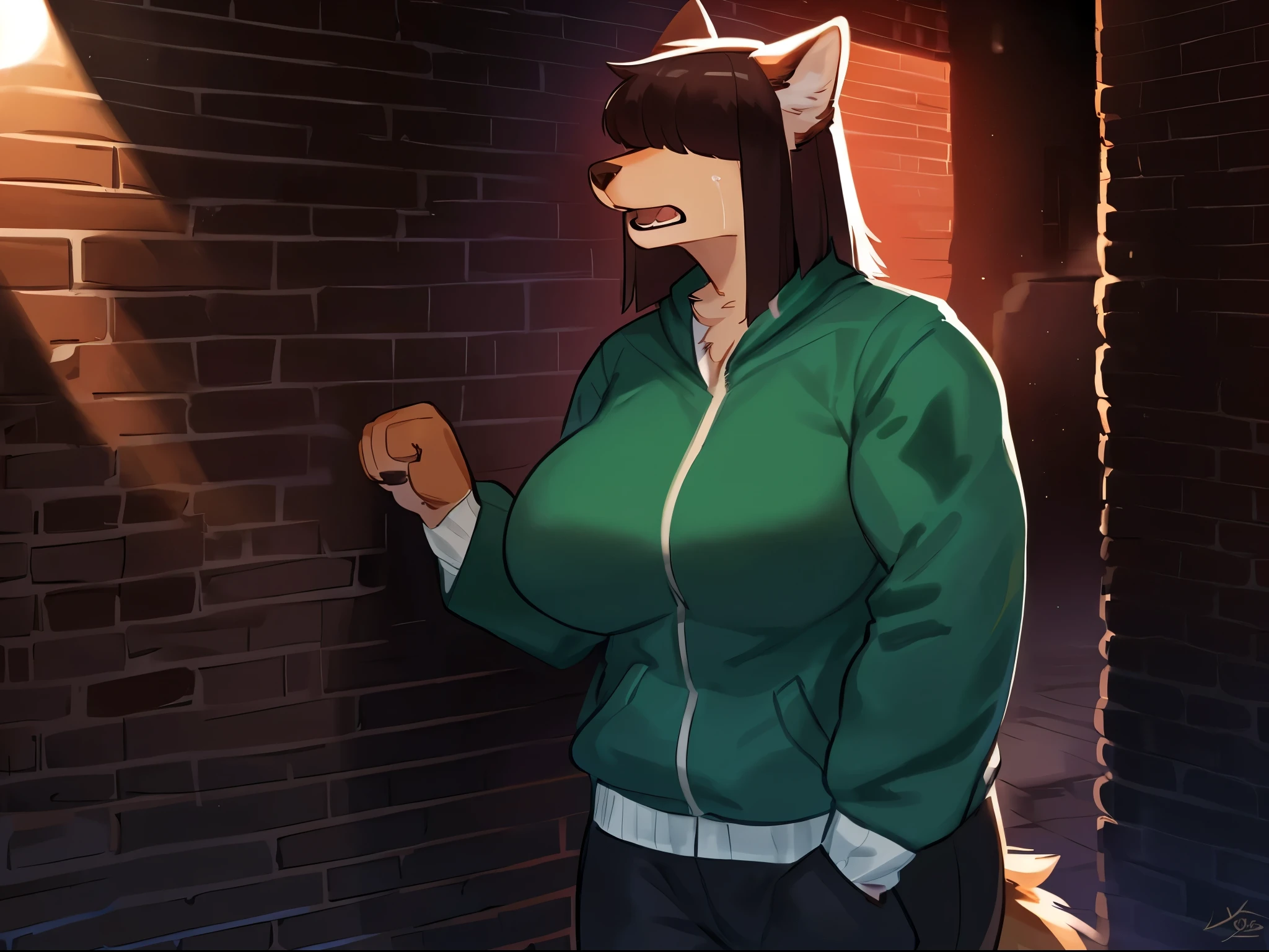 By bebebebebe, by lostgoose, by goonie-san, female, ((canine, snout, hair covering eyes, straight hair, medium hair, flat hair, ears, thin snout)), brown fur, big poofy tail, raised tail, dark maroon hair, ((muscular, big breasts)), solo, smiling, (beautiful lighting, dramatic lighting, rim lighting), open mouth, angry, screaming, crying, slamming fists against wall, punching wall, brick wall, alleyway, evening, ((dramatic lighting, rim lighting)), green jacket,