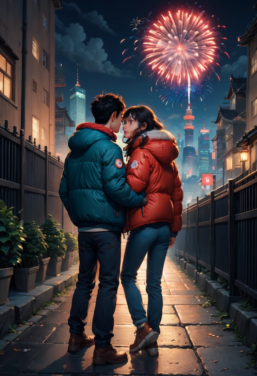 season，(A cute couple, wearing down jackets, cuddling together, standing behind the wall, with their backs to the audience)，Watch fireworks in the night sky, The night sky is filled with fireworks, (skyscrapper，City night view in the background, Fireworks in the background), illustratio, Warm and joyful atmosphere, illustration, New Year’s Day, 下雪的冬season新年夜, 可爱illustratio, background artwork, 风格化数字illustratio，(first-person view, pov, Ghibli-like colours, UHD, masterpiece, ccurate, anatomically correct, textured skin, super detail, high details, high quality, best quality, 8k)