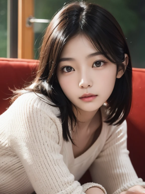 ((16k, 8k, an ultra hd masterpiece studio quality close up shot of a young Korean girl with a cute innocent face and beautiful realistic skin, cute real eyes, highly detailed realistic lips, c cups, topless:1.3, laying on sofa)), accurate details, intricate, highly detailed, gloom