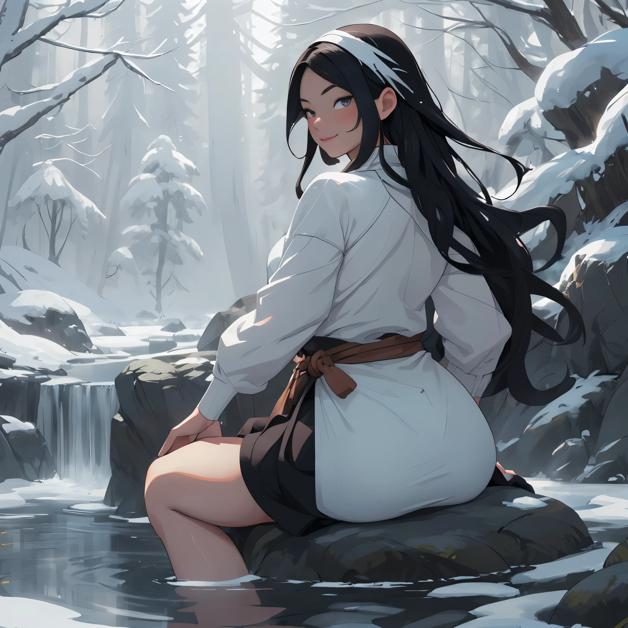 (hot spring,snowy forest,tribal woman,black and white hair,bewitching thighs,exposed butt,beautiful butt,back view,looking at viewer,dark skin,sweaty anuest quality,4k,8k,highres,masterpiece:1.2),ultra-detailed,(realistic,photorealistic,photo-realistic:1.37),HDR,UHD,studio lighting,sharp focus,physically-based rendering,extreme detail description,professional,vivid colors,bokeh,portraits,landscape,photography,fantasy,serene,contrast,soft lighting,subtle shadows,calm color palette,warm tones,shimmering water,steaming hot spring,crisp snowy landscape,glistening snow-covered trees,tribal woman with captivating presence,proud and confident posture,dark flowing hair with black and white streaks,powerful bewitching thighs exposed from the flowing dress,alluring back view with eyes locked on viewer,beautiful butt subtly revealed,embodying grace and sensuality,dark skin glowing with warmth,subtle sweat glistening on the skin,creating a captivating and enchanting scene, wading in the hot spring, sitting on a rock, smiling,farting,fart,flatulence