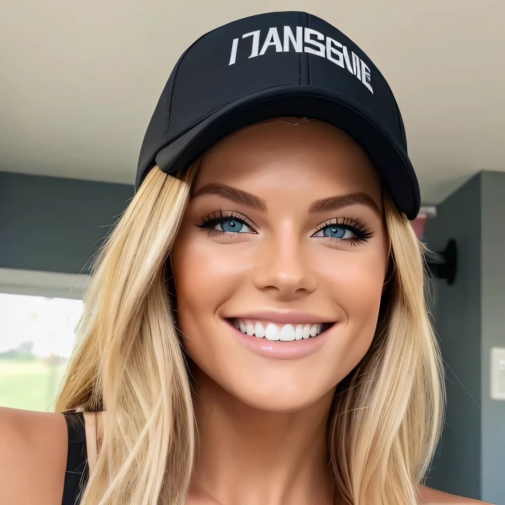 eine ganze Aufnahme eines blonden Instagram-Models, Eine lockere Passform tragen, Sportkleid, with a seductive look, Smileing, Flirten mit der Kamera, Closeup, Fitnessstudio, Tragen Sie eine Basecap, full body