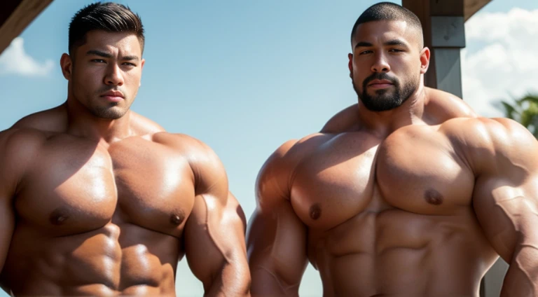 (Very detailed 8k wallpaper), two asian men, muscle worship, arms folded, On the playground, high detailing, buzzcut, very large and strong body, bulging muscles, well-muscled, very large pectoral muscles. Very sexy abs, legs are well-muscledの, Toned figure, lightens oily skin, well-muscledの, Tank top, T-shirt, longshot, Wide Shot