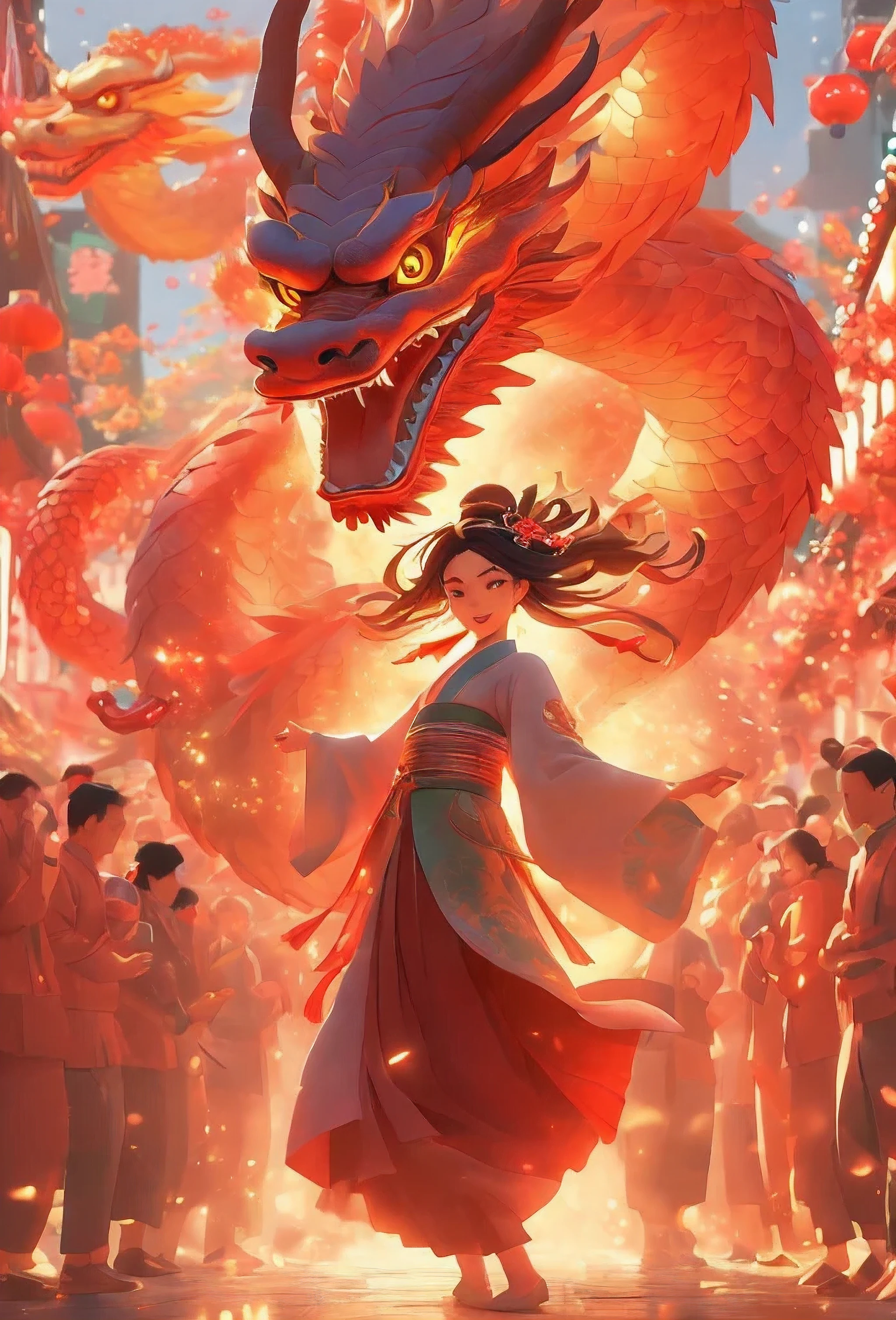 In the heart of the bustling Chinese New Year，A beautiful lady dances with the dragon. There&#39;s a dragon puppet snake on it, Their bright colors illuminate upcoming military exchanges, Firecrackers blast all around, They perform beautiful dance rituals in perfect synchrony under the watchful eyes of the audience, captivating dance sequence, breathtakingly beautiful woman, Sophisticated colors and details, depth of fields, volumettic light, sub surface scattering, Quekselmeg scan, Ridiculous resources,