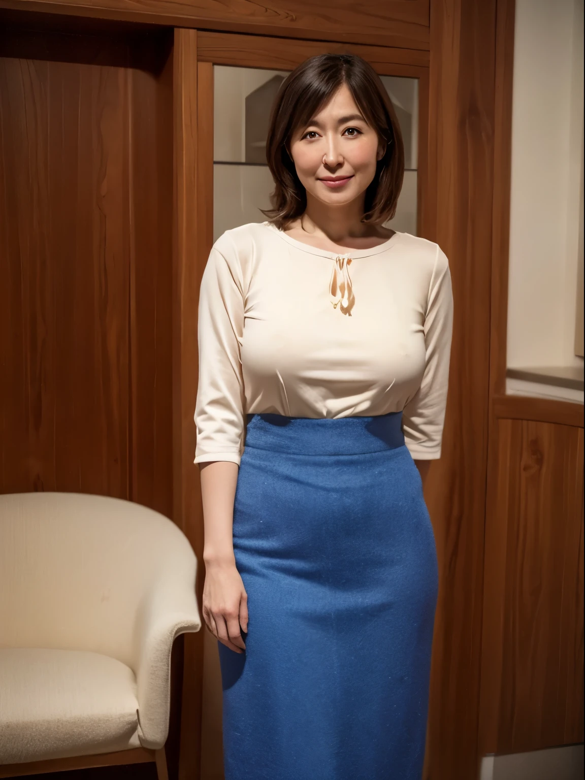 in 8K、Raw photography、Highest Quality、realisitic、Photorealsitic、Professional Lighting、​masterpiece、Very delicate and beautiful woman).A slender woman standing with a mug. she is wearing a knit, Skirt . Stand at the entrance to the room, 45 years old. A woman similar to Hitomi Kuroki, Has big breasts of J cup. .Bewitching look,Looking at the camera