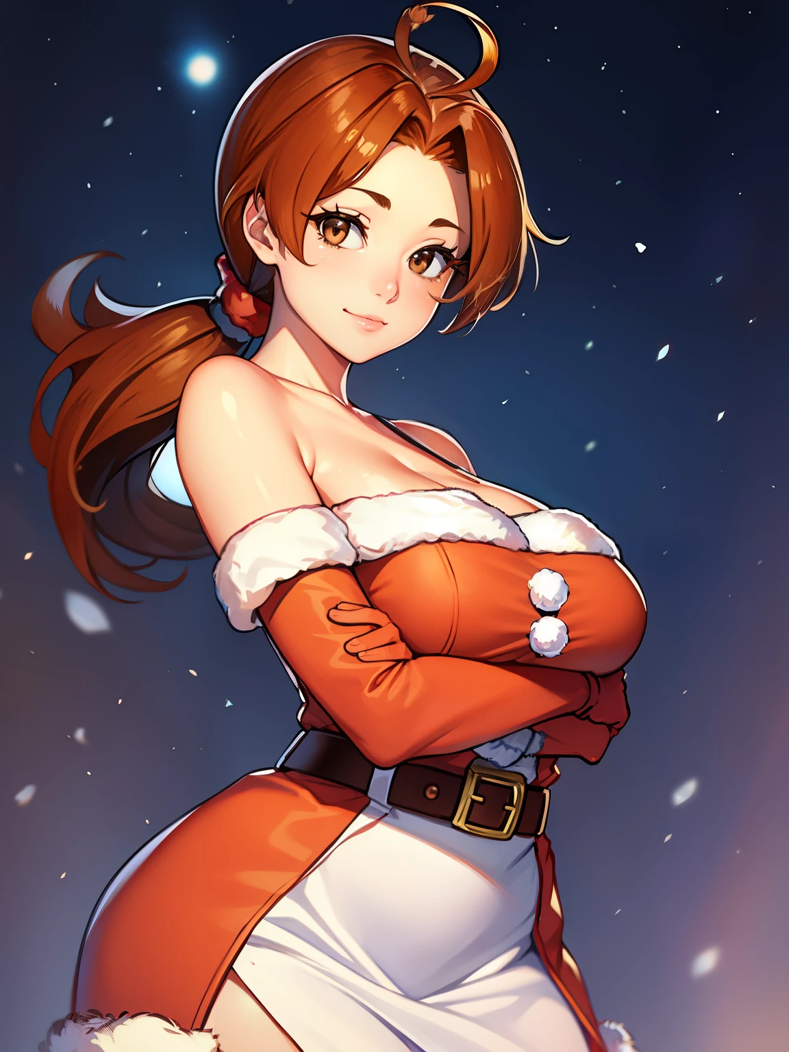 1girl, solo, masterpiece, best quality, high res, highly detailed, (illustration), beautiful detailed eyes, deliaketchum, brown hair, (brown eyes:1.7), parted bangs, (ahoge:1.5), ponytail, low ponytail, ,glossy lips, light makeup, warm smile, long white satin elbow gloves ,cowboy shot, (santa), red santa dress, full body, elbow white gloves, long white gloves