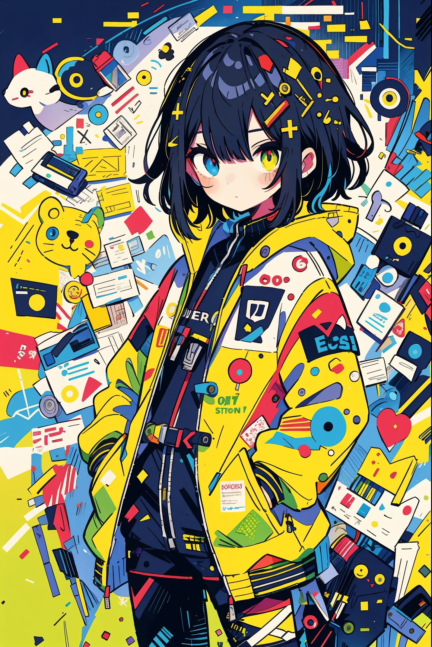 girl with, Yellow jacket, Hands in pockets, Staring at others, Long Black Hair, Heterochromic eyes, Heterochromic eyes, Iris heterochromic pupil, 8K resolution, Very detailed, Anatomically correct, Digital Painting, Concept art, Shinkai Makoto style, Clear picture,
