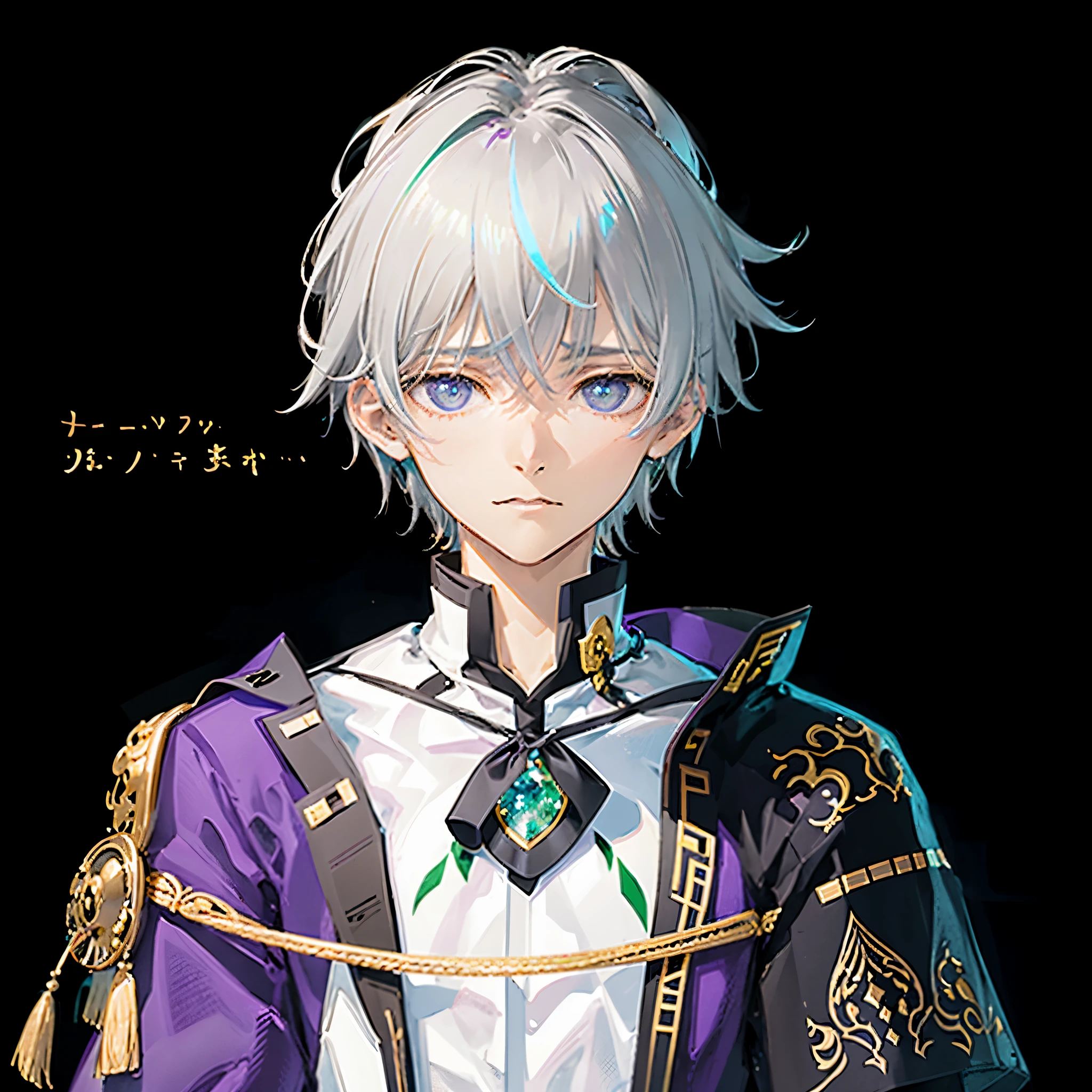 a close up of a person wearing a purple and green outfit, beautiful androgynous prince, delicate androgynous prince, nobutaka ike, hajime yatate, ((wearing aristocrat robe)), shigenori soejima illustration,he has dark grey hairs, white haired deity, koyoharu gotouge,hd quality,high resulotion