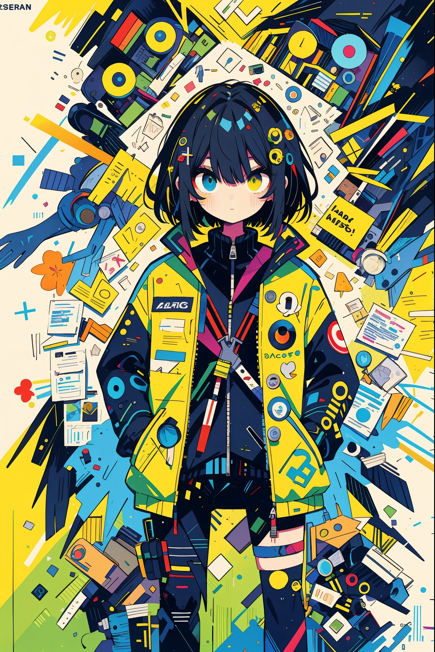 girl with, Yellow jacket, Hands in pockets, Staring at others, Long Black Hair, Heterochromic eyes, Heterochromic eyes, Iris heterochromic pupil, 8K resolution, Very detailed, Anatomically correct, Digital Painting, Concept art, Shinkai Makoto style, Clear picture,