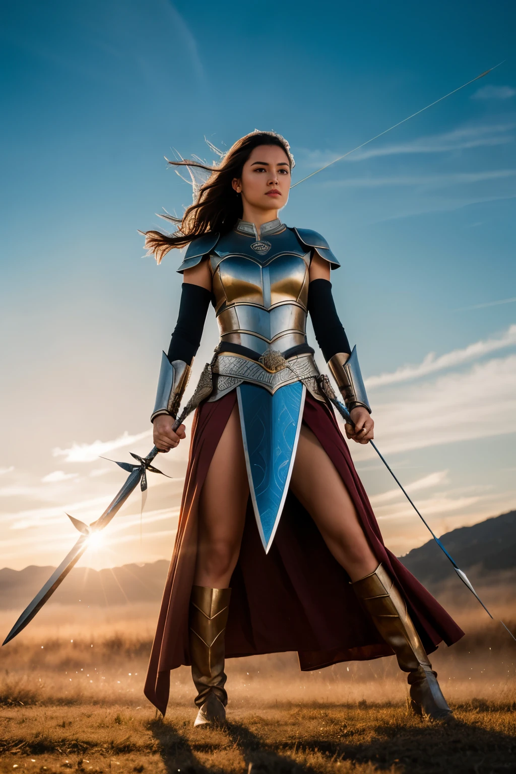 hyper ultra realistic photographs full body of With a flick of her wrist, she deflects a hail of arrows, her eyes narrowed in fierce concentration, the glint of the setting sun mirrored in the polished steel of her sword. ratio 16:9, 4k, 8k resolution, High quality photo, high detailed images