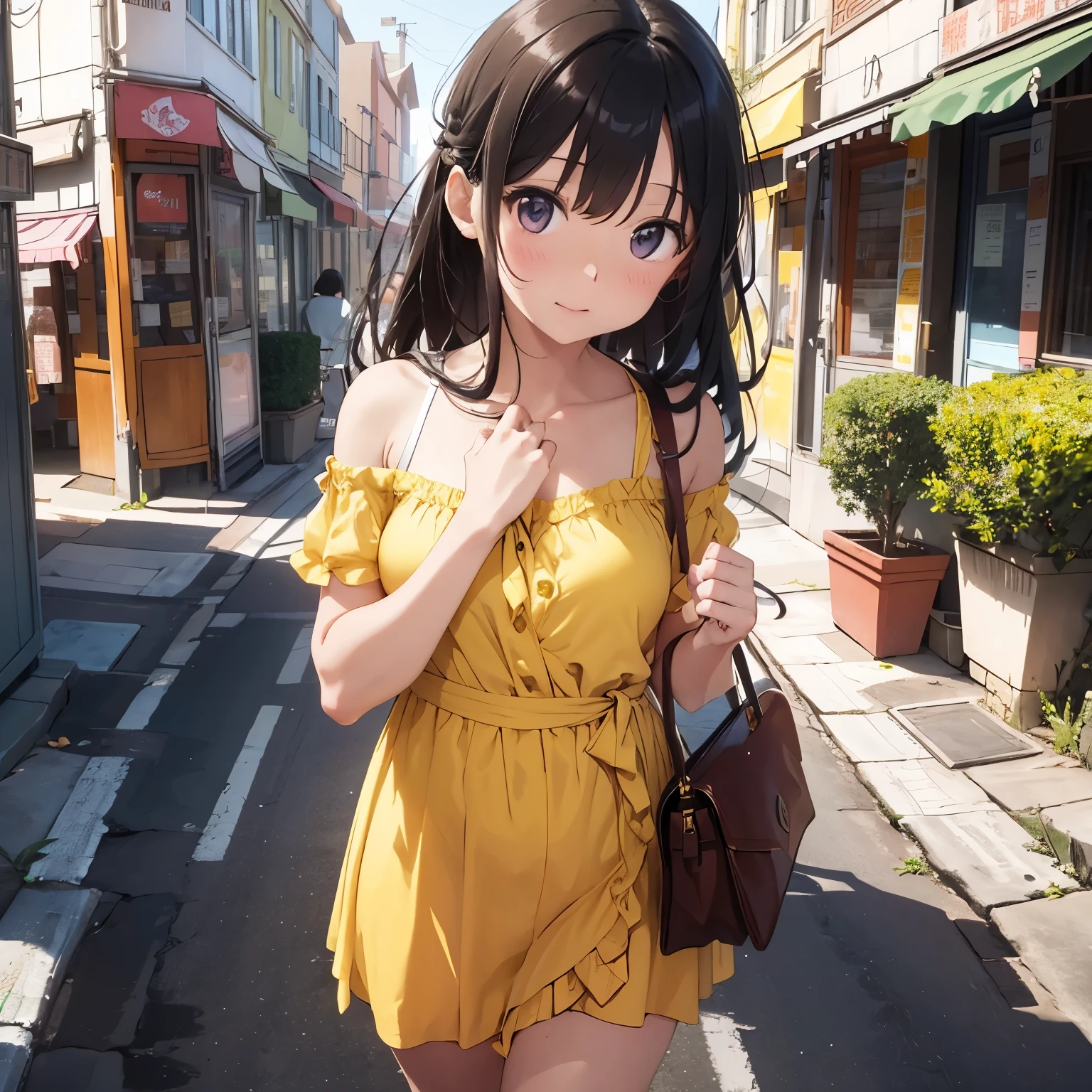 There is a beautiful girl who is wearing a yellow wrap dress or who has a pink colored hand bag hanging on her shoulders or who eats in the street