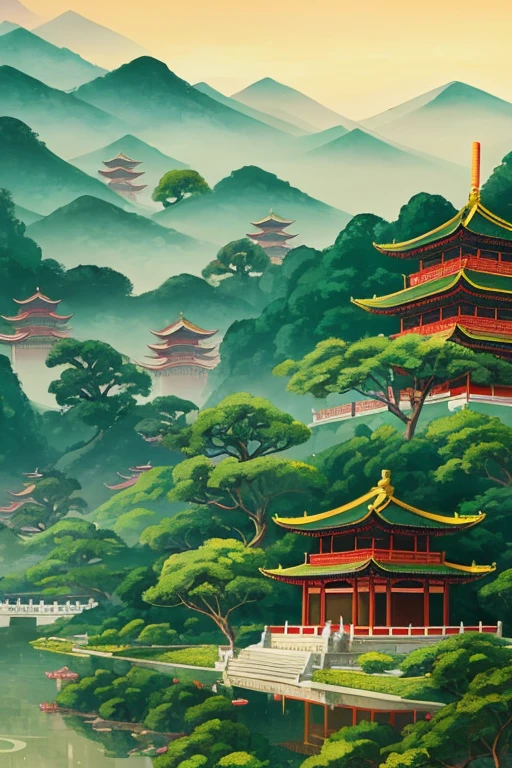 In the middle there are landscape illustrations of the pagoda and the pagoda, Chinese landscape, Chinese dreamland, A beautiful artistic illustration, Chinese-style painting, The cosmology of Kyoto landscapes, artwork in style of sheng lam, Illustrations inspired by Victo Ngai, chinese fantasy, Chinese hyper reality, chinese painting style, Inspired by Lu Guang,Inspired by Wang Xizhi,More green