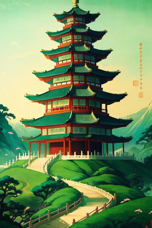 In the middle there are landscape illustrations of the pagoda and the pagoda, Chinese landscape, Chinese dreamland, A beautiful artistic illustration, Chinese-style painting, The cosmology of Kyoto landscapes, artwork in style of sheng lam, Illustrations inspired by Victo Ngai, chinese fantasy, Chinese hyper reality, chinese painting style, Inspired by Lu Guang，Inspired by Wang Xizhi，More green