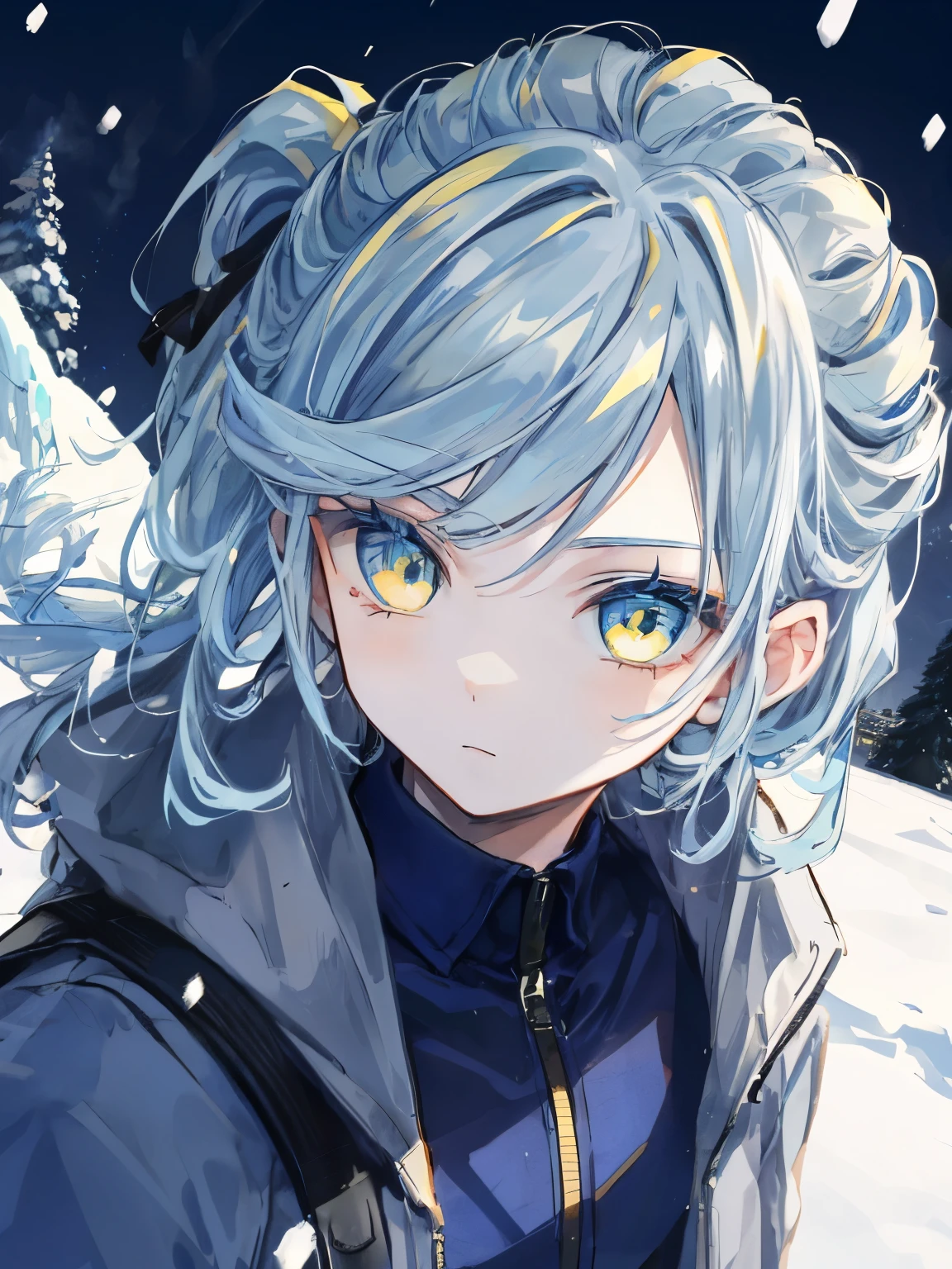 Best Quality、masutepiece、Ultra-detailed、face perfect、Extremely detailed、Extremely delicate、1 boy, (cute little), Angel, lightblue hair、half up、place々Blue Mesh、blue and yellow gradient eyes、Noble attire、Black coat、gray collared shirt、Black pants、snow mountains、snow blowing