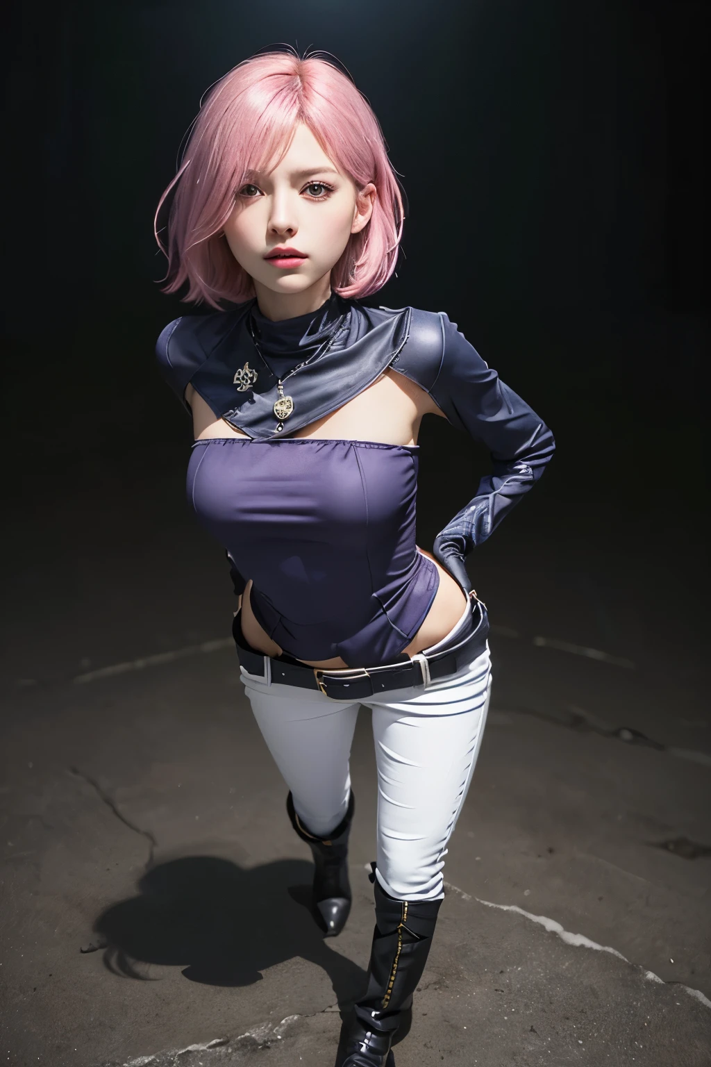 (8K, top-quality, masterpiece:1,2), (reallistic, Photorealsitic:1.37), Super Detail, One girl,), (Highly detailed), (beautifully detailed eyes), (of the highest quality), (super detailed ), (masterpiece), (Detailed face),20yr old, ,1 girl, full body, pink hair,Very short hair, medium breasts, clothed:1.5, Perfect Lighting, pussy and breast focus, looking at viewer, aroused face, naughty face, Track and field, (standing, full body: 1.2), (long gloves up to elbows, white gloves), clear sky, ((heroine costume, heroine costume, very tight heroine costume, long pants, long boots, squadron heroine, the background is a dark world, heroine's betrayal, heroine fallen into the dark side))