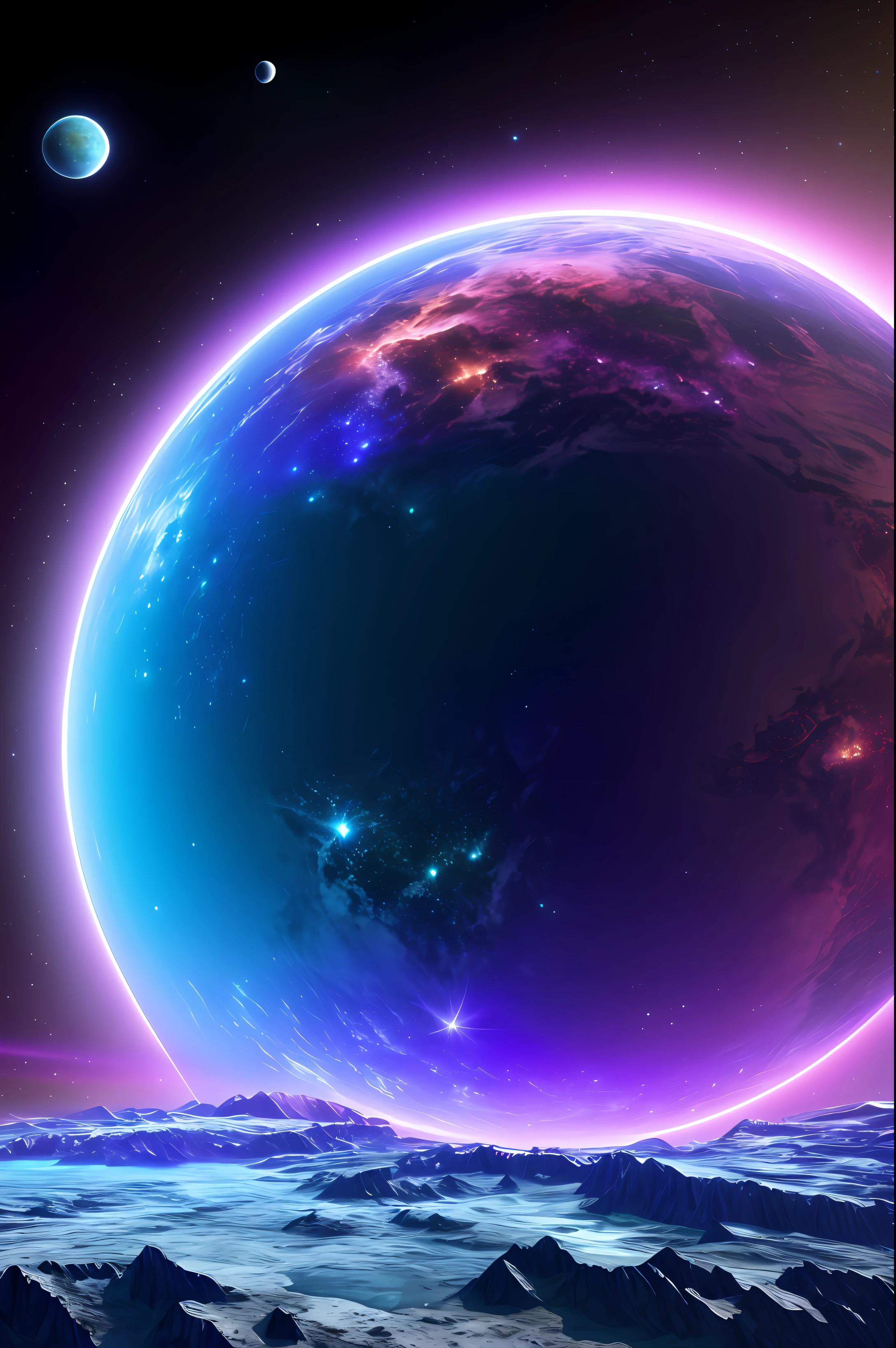 Planet from space, cosmic, purple, land, ocean, alien, solar , colorful, fruitful, habitable, alien land, purple oceanirds, planet light years away, big, exoplanet, 8K resolution, ultra detailed,  Fantasy vibe, centered, dreamlike, intricate detail,  Cinematic Lightning, Unreal Engine, Realistic, Photorealistic, Hyper-detailed, insane details, Super-Resolution, Megapixel, FKAA, TXAA, RTX, SSAO, Post Processing
