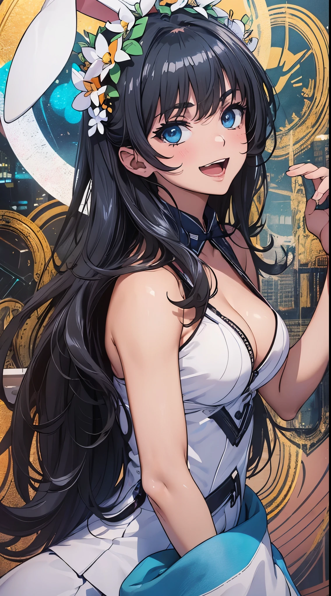 1womanl,Black hair,14years ,(()),Beautiful breasts,(((sexy white and blue shiny bunny suit)))(())(((Blushing cheeks、Smile with open mouth)),(((Satin Narico))),((( portlate))),Crowds,white and blue bunny suit