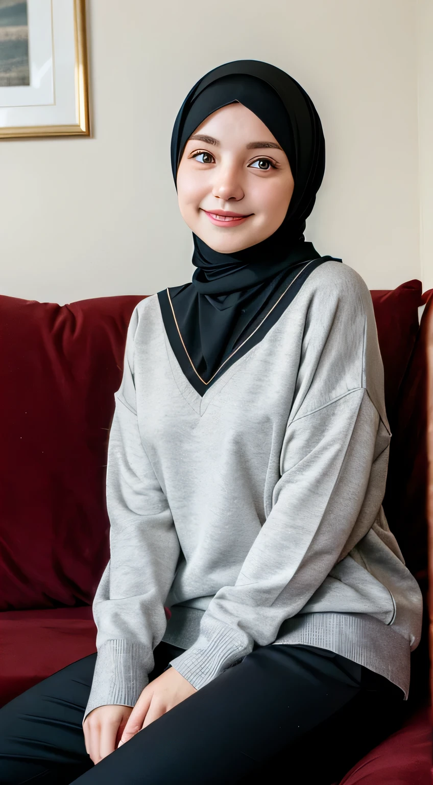 1 Girl, Beautiful, Russian Baby Face, 28 Years Old, White Skin, Hijab, wearing black shirt and sweater, grey long pants, Big Chest, looking directly at the camera, sitting in a sofa, Smiling, Full body: 1.2