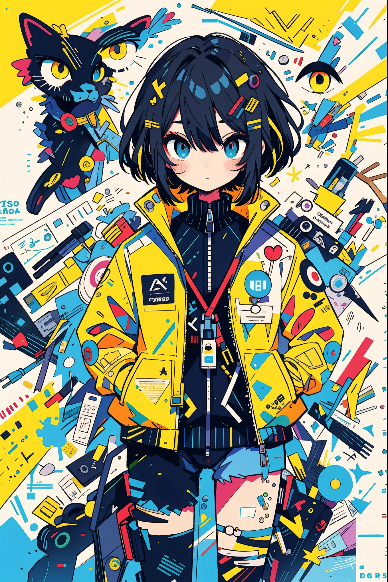 girl with, Yellow jacket, Hands in pockets, Staring at others, Long Black Hair, Heterochromic eyes, Heterochromic eyes, Iris heterochromic pupil, 8K resolution, Very detailed, Anatomically correct, Digital Painting, Concept art, Shinkai Makoto style, Clear picture,