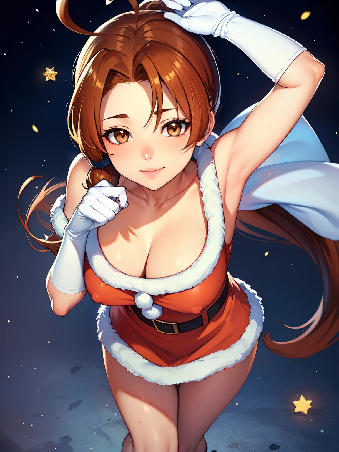 1girl, solo, masterpiece, best quality, high res, highly detailed, (illustration), beautiful detailed eyes, deliaketchum, brown hair, (brown eyes:1.7), parted bangs, (ahoge:1.5), ponytail, low ponytail, ,glossy lips, light makeup, warm smile, long white satin elbow gloves ,cowboy shot, (santa), red santa dress, full body, elbow white gloves, long white gloves, sexy poses