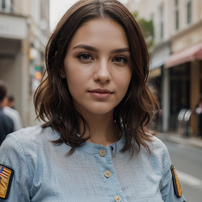 Breathtaking cinematic photo of a 30 year old girl with brown hair and brown eyes, happy, cheerful expression, closed mouth, beautiful lips, intricate details, shallow depth of field, highly detailed, high budget, epic Hollywood film, gorgeous, masterpiece, award-winning, professional, highly detailed, detailed skin texture, (blush: 0.5), (goosebumps: 0.5). (the most beautiful woman in the world) (brown hair) (short curly hair, wild hair, stylish cut) thin face, thin nose, beautiful, very beautiful, perfect face, slender body (slender), (brown hair) ( blue eyes ) (white skin) Beautiful body, western face, predatory eyes, pink lips, thick thighs. full body, western beauty, thin nose, beautiful, perfect, ((best quality)), ((ultra resolution)), ((photorealistic: 1.4)), (intricate details), perfect face, makeup: 1.5 , clear face, facial details. front view ((uniform, tactical costume, agent costume, spy))