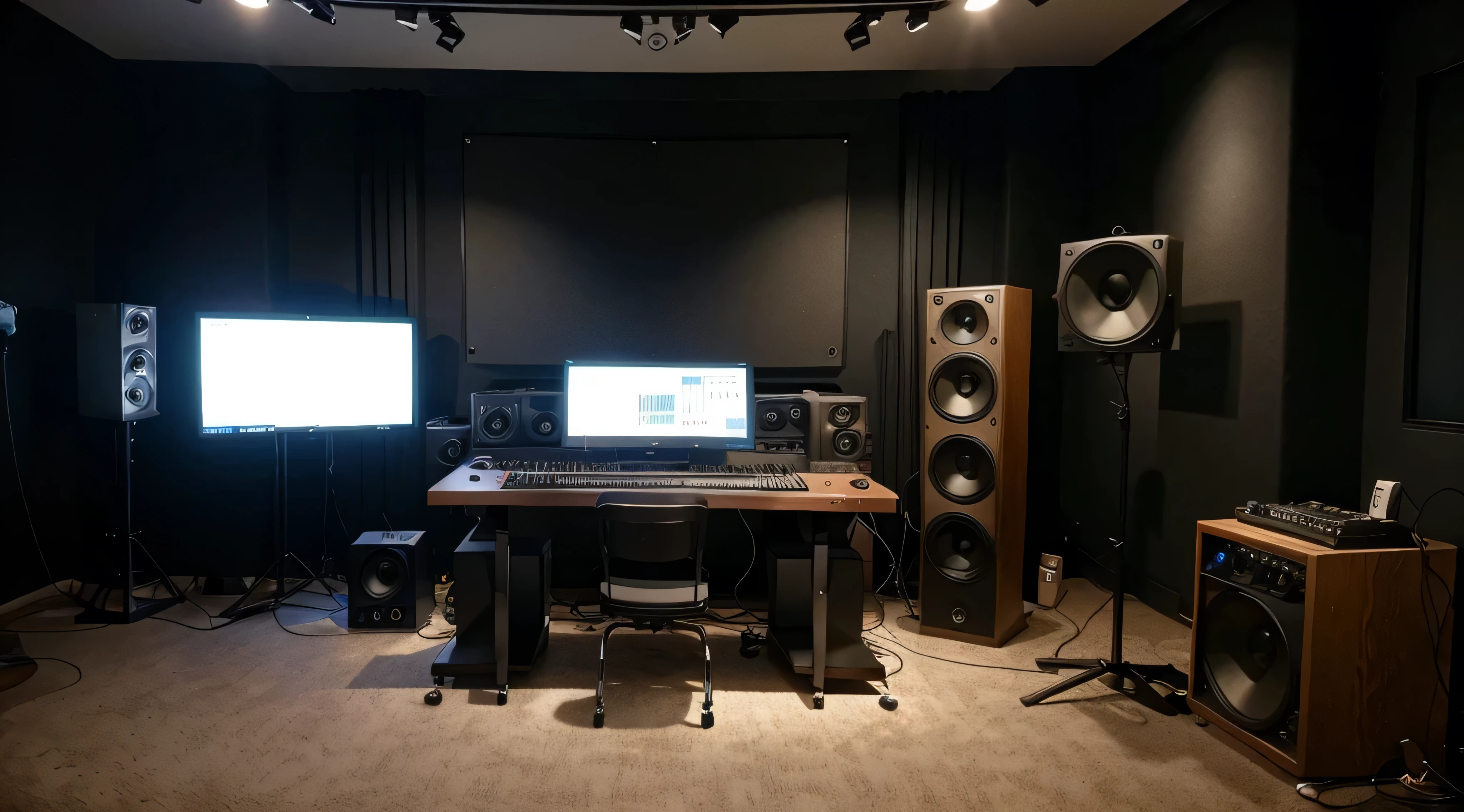 live-action,recording studio,recording equipment,sound equipment,Best Quality,16:9 Ratio,highly resolution,Distinct image,detailed background,large monitor