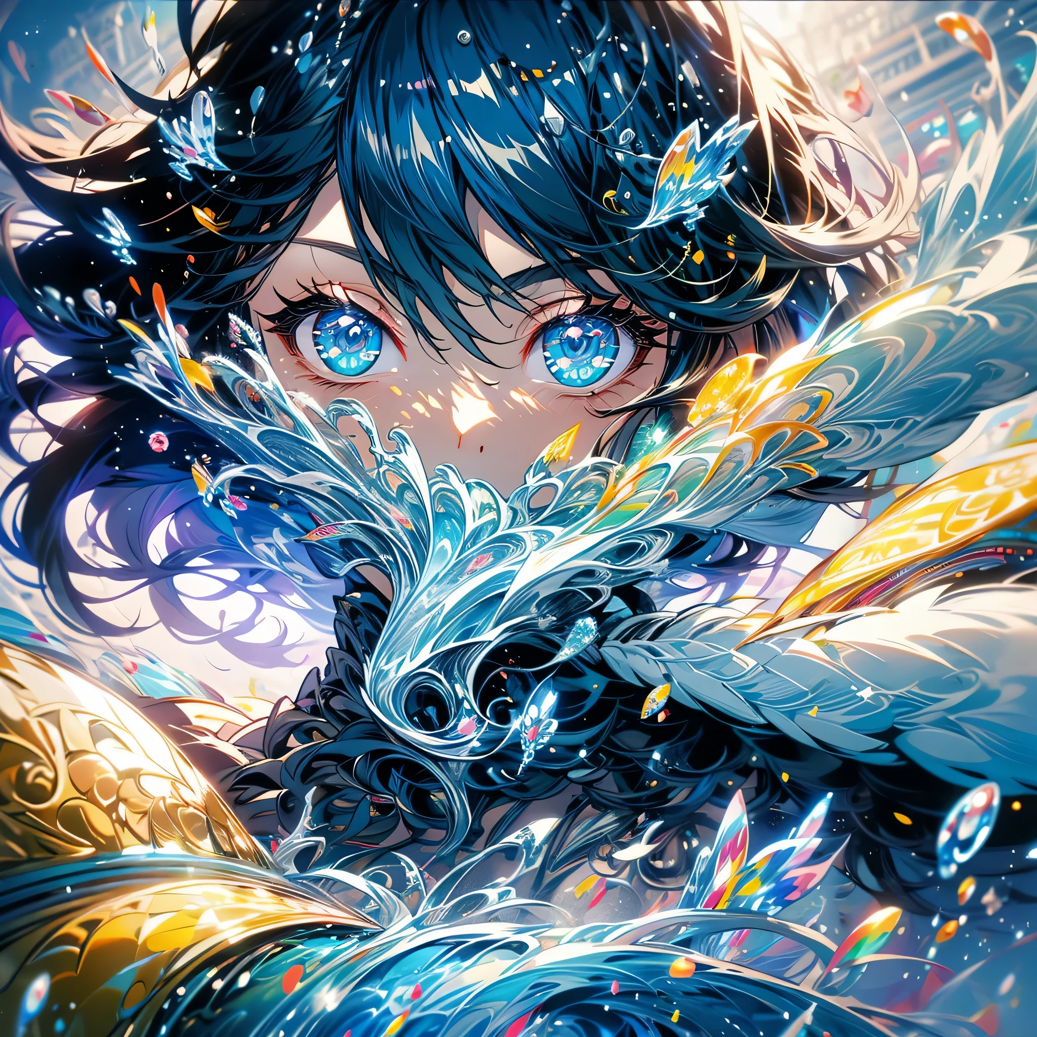 (masterpiece), (best quality), (ultra detailed),(disheveled hair),(illustration), (1man), standing, Fashion model, looking at viewer, (interview), (detailed background),beautiful detailed eyes, delicate beautiful face, Floating,(high saturation),(colorful splashes),colorful bubble,(shining), focus on face, floating flowers, floating hairs, (shining), best lighting, best shadow, 1male solo