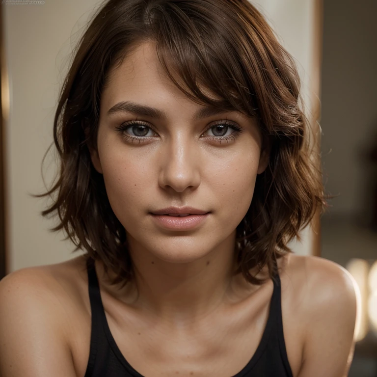 Breathtaking cinematic photo of a 25 year old girl with cheveux rouges foncés and yeux bruns, content, expression joyeuse, bouche fermée, beau lips, Détails complexees, faible profondeur de champ, Très détaillé