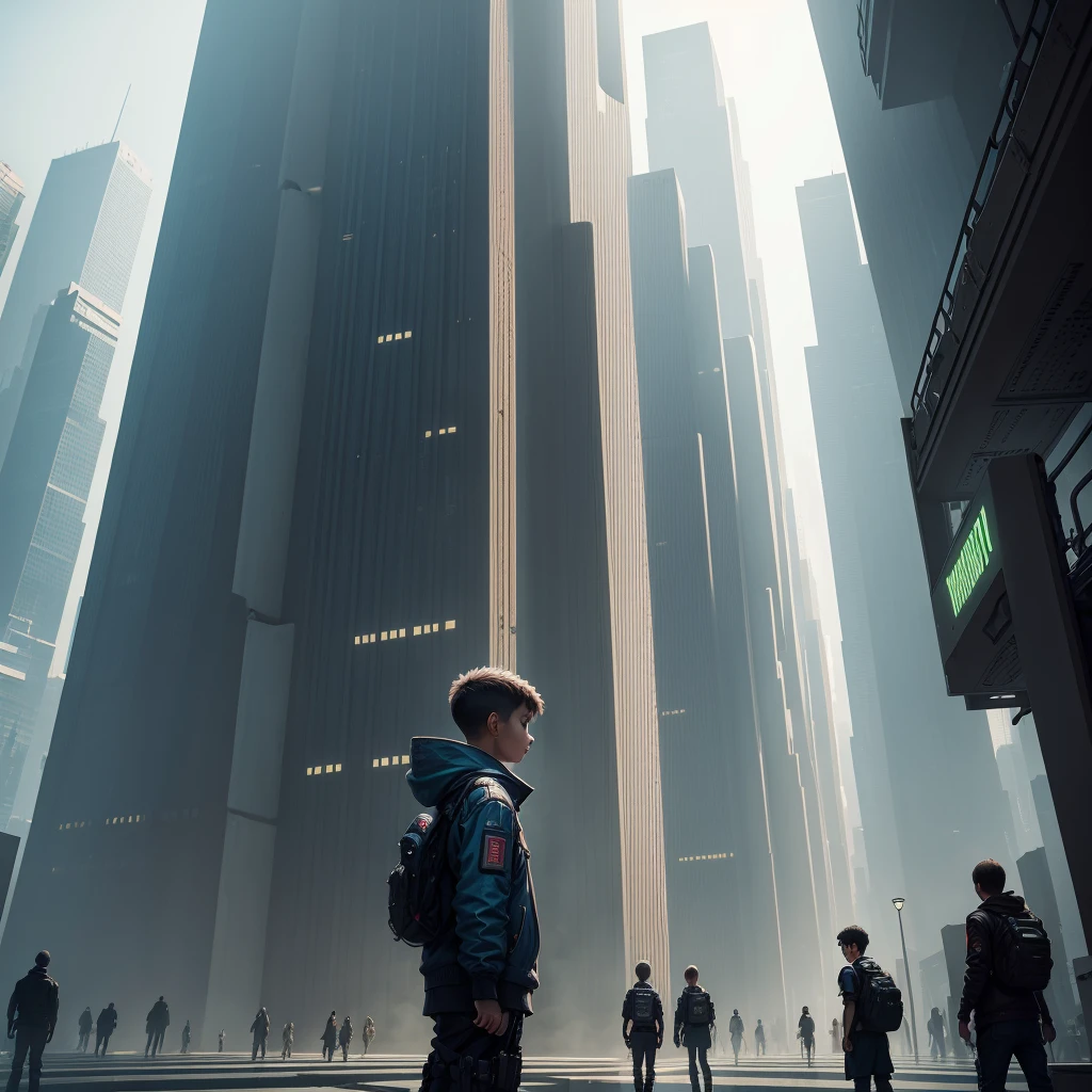 A giant futuristic library with thousands of books. A cyberpunk kid in the middle of the library looks on in awe
