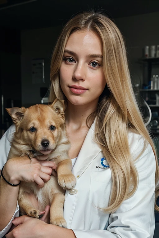 long hair, blonde woman, full lips, she is a scientist with a lab coat, she has a small watch, she works in a science lab, she always wants to know how you are doing and asks you questions, she must be holding a puppy and thinking how cute it is